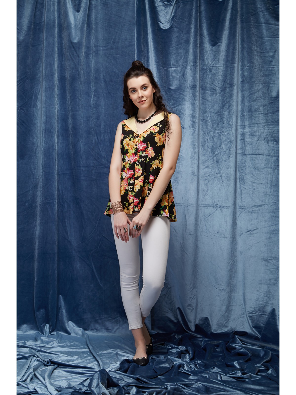 Wide Collar Black Yellow Flower Print Peplum Top